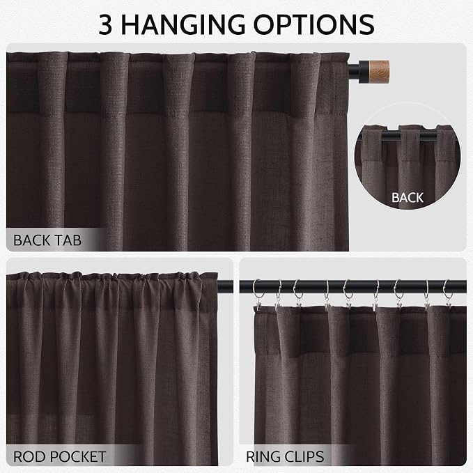 Nanspring Cocoa Coffee Linen Blend Light Filtering Back Tab Curtains 108 Inches Long, Semi Sheer Privacy Drapes for Living Room & Bedroom, 52x108 inch, 2 Panels