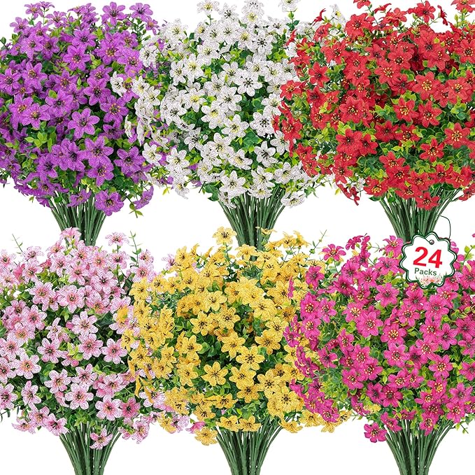 Ouddy Decor 24 Bundles Artificial Flowers for Outdoors Fake Silk Flowers Faux Plastic Plant UV Resistant for Spring Summer Porch Garden Yard Planter Wedding Indoor Outdoor Home Decoration, Multicolor