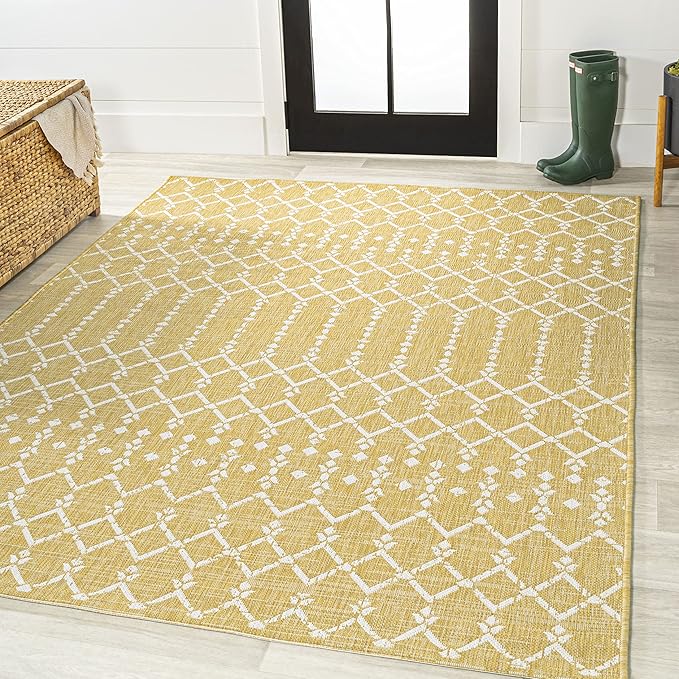 JONATHAN Y Moroccan Geometric Indoor Outdoor Area Rug 8X10 Yellow/Cream, Ourika Textured Weave for Backyard, Patio, Porch, Easy-Cleaning, High Traffic, Pet-Friendly, Non-Shedding (SMB108G-8)
