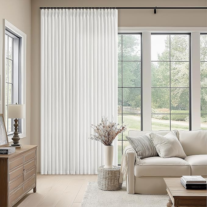 70 Wide Off White Semi Sheer Pinch Pleated Linen Curtains 96 Inch Long | Ivory, Neutral, 70 Inch Extra Wide, Light Filtering Privacy, Sliding Door, Bedroom, Burlap Textured, Hook Rings, Memory Shape