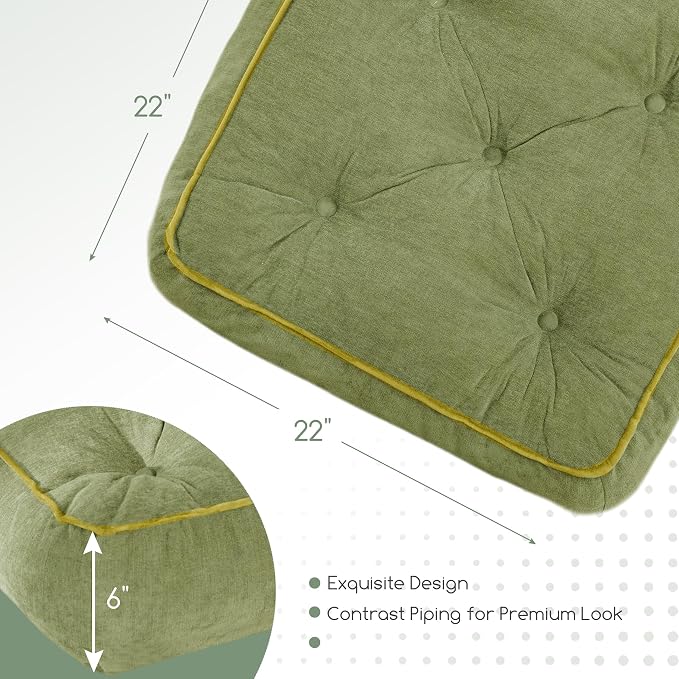 HIGOGOGO 6" Extra Thick Floor Pillow Cushion for Adults, Meditation Cushion Pillow with Handle, Lustrous Chenille Tufted, Square Floor Sitting for Tatami Living Room or Yoga, 22x22 Inch, 2Pack, Green