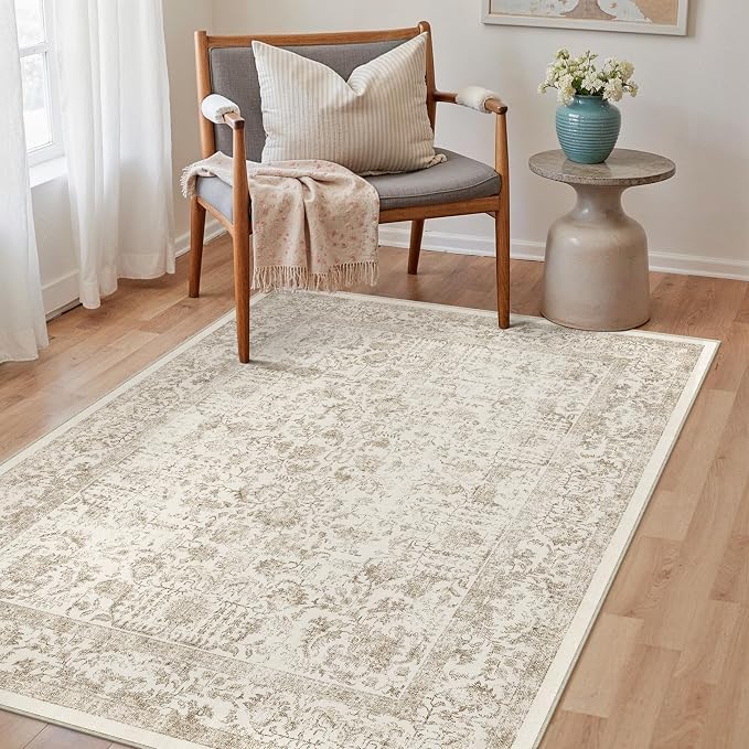 PureCozy Light Brown Area Rug 4x6 Office Entryway Rug Machine Washable Kitchen Vintage Distressed Non Slip Carpet Indoor Retro Floral Accent Throw Door Mat for Bathroom Bedroom Dining Living Room