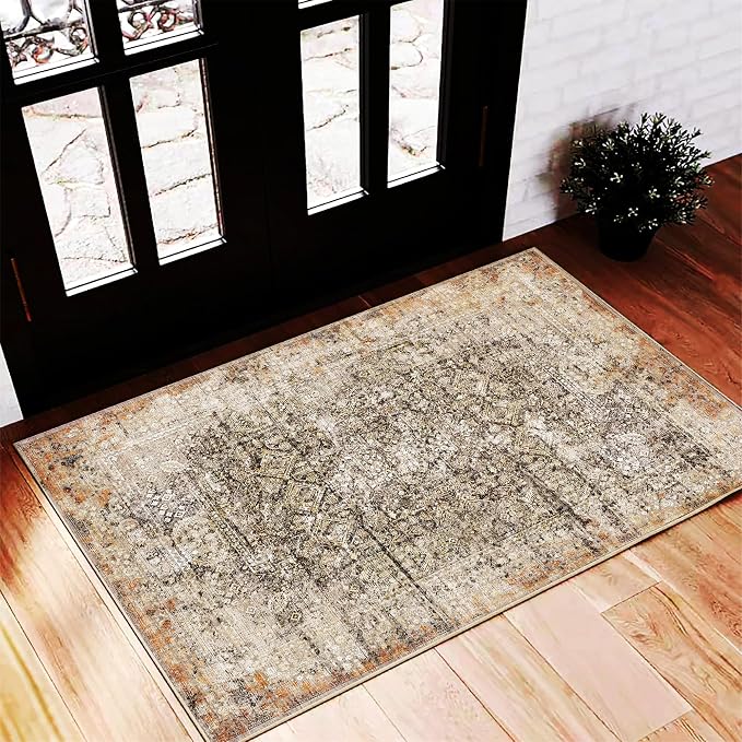 CHAMPLANT Area Rug 2'x3' Washable Door Mat Vintage Distressed Taupe Doormat Indoor Entrance Traditional Thin Floral Print Non Slip Carpet for Kitchen Bathroom Bedroom Living Room