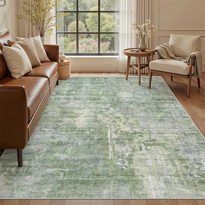 Soalmost 7x9 Area Rug for Living Room Washable Abstract Vintage Soft Thin Indoor Floor Non-Slip Carpet for Bedroom Dining Room Green/Ivory