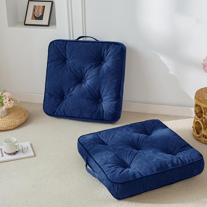 HIGOGOGO Large Floor Pillow Cushion for Adults, Meditation Cushion Pillow with Handle, Lustrous Chenille Tufted, Square Floor Sitting for Tatami Living Room or Yoga, 22x22 Inch, 2Pack, Navy