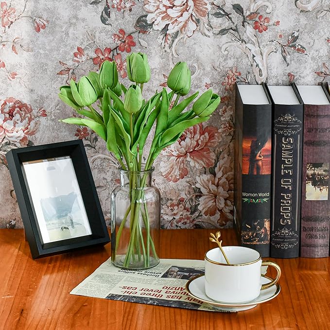 Mandy's Green Artificial Tulips Flowers Centerpiece, 13.5" Lifelike PU Fake Floral Stems 20pcs for Kitchen Island & Dining Table, Spring Decor for Easter