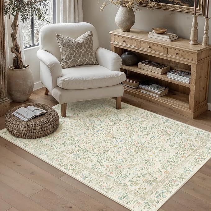 PureCozy 3x5 Light Green Area Rug for Entryway Washable Vintage Floral Carpet Low Pile Non Slip Botanical Aesthetic Soft Accent Throw Rug Entrance Kitchen Bedroom Nursery Office Indoor