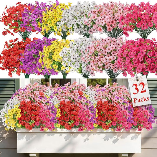Alupssuc 32 Bundles Artificial Flowers for Outdoors Decoration, UV Resistant Silk Faux Daisy Flora Spring Fake Plastic Plants Greenery for Outside Indoor Yard Home Porch Window Box Decor, Mix 6 Colors