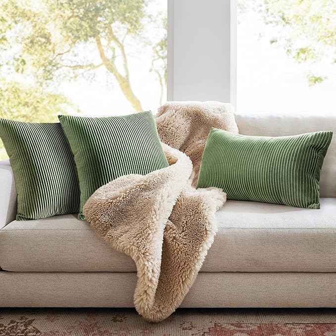 YCOLL Sage Green Spring Pillow Covers 18x18 Set of 2 Velvet Striped Pattern - Soft Throw Pillows for Home Decor, Luxury Decorative Pillow Covers for Couch, Bed,Living Room