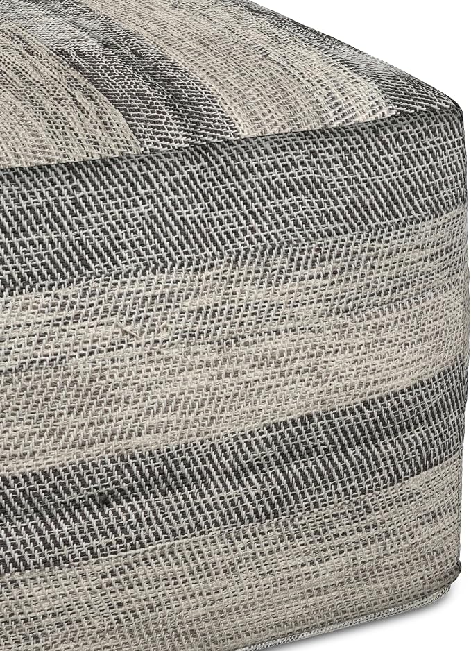 SIMPLIHOME Clay Square Pouf - 18 inch Wide Upholstered Cotton Ottoman in Grey/Natural, Boho Footstool, Decorative Cube Pouf or Extra Seating for Living Room, Bedroom, or Kids Room, Assembled