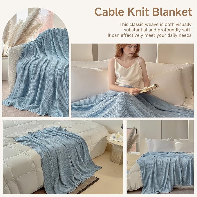 Simple&Opulence 100% Cotton Blanket Queen Size, Solid Color Cable Knitted Blanket Super Soft Comfortable Breathable Decorative Farmhouse for Couch Sofa Bed, All Season Use(Winter Blue,90x90)