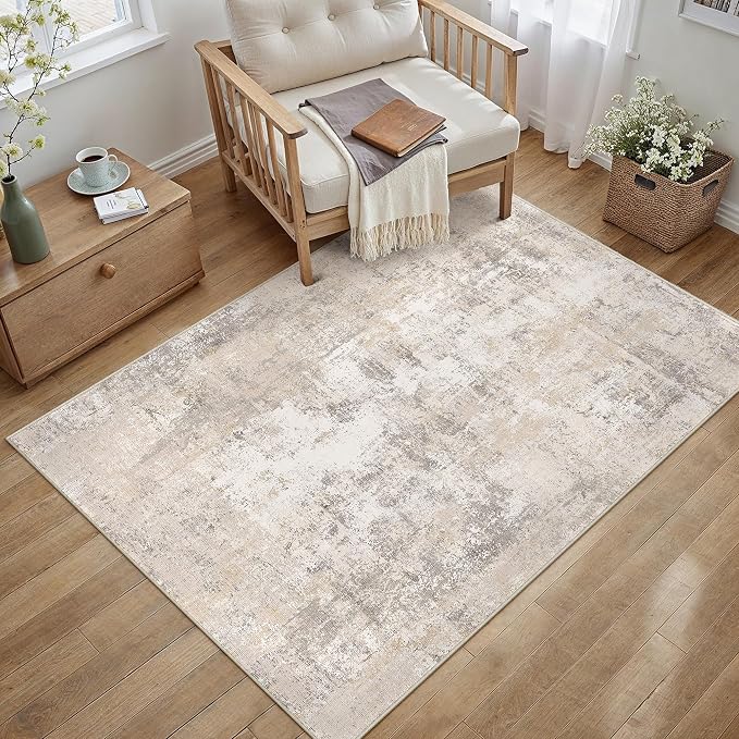 3x5 Washable Area Rug Beige Grey Abstract Non Slip Soft Low Pile Rug for Entryway Kitchen Bathroom Neutral Modern Throw Carpet for Living Room Bedroom Home Decor