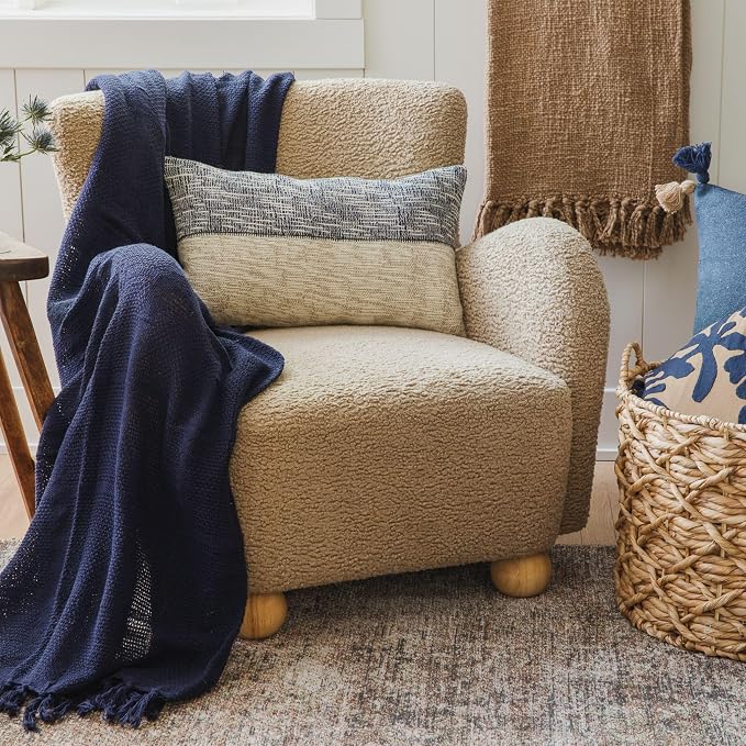 Oasis Deep Current Knit Throw Blanket 55x80, Deep Blue 100% Cotton Decorative Sofa and Bed Blanket, Lightweight All-Season Throw, Handwoven in India, Oeko-TEX Certified, Sofa Accent
