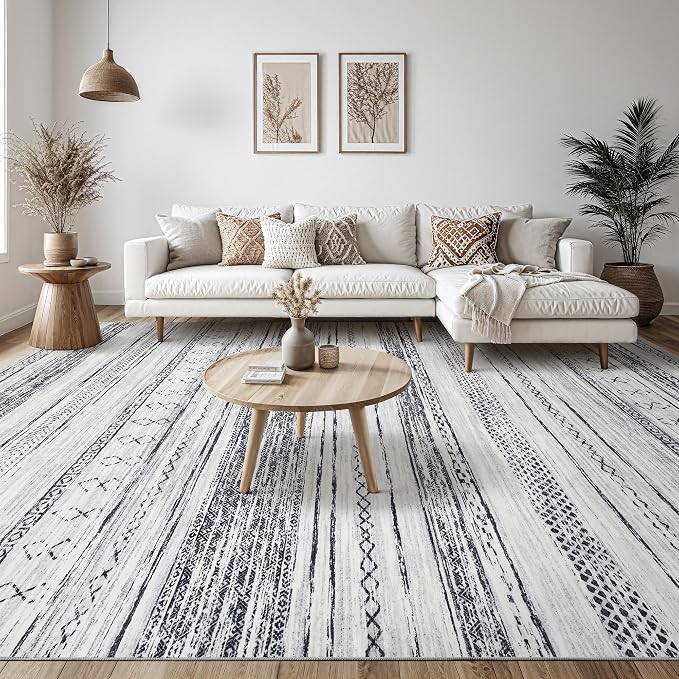 Tortania Area Rug Living Room Rugs - 9x12 Washable Large Soft Neutral Boho Moroccan Bohemian Farmhouse Rug Indoor Floor Carpet for Bedroom Under Dining Table Home Office Decor - Grey