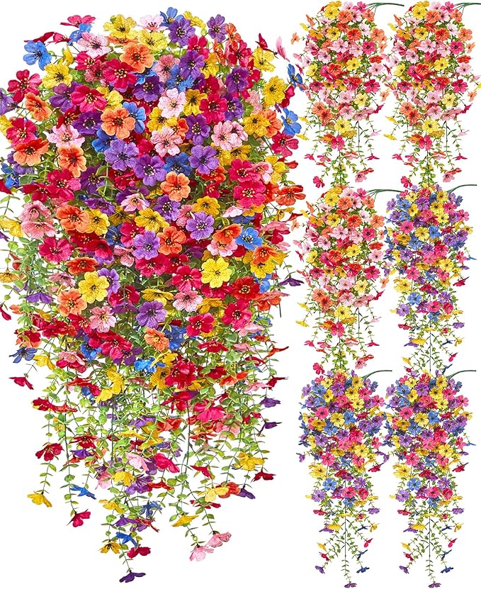Serwalin 6PCS Artificial Hanging Flowers for Outdoors, UV Resistant Fake Hanging Plants, Realistic Weatherproof Outdoor Decor for Patio, Porch, Garden & Window (Multicolor,6PCS)
