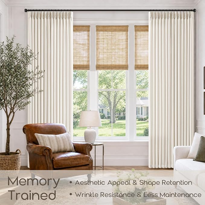 Natural Pleated Linen Curtains 96 Inches Long for Living Room Neutral Modern Light Filtering Beige White Pinch Pleat Office Curtains Decor with Rings Memory Trained Back Tab Door Drapes 8 FT 2 Panels