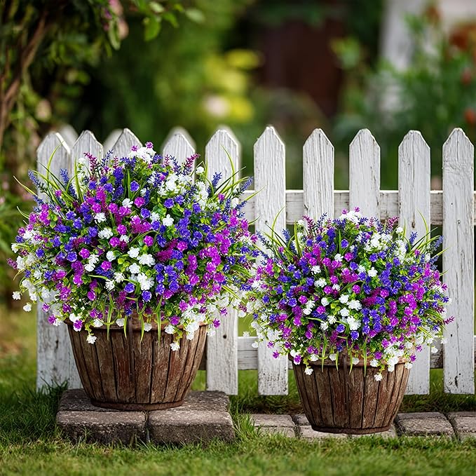 AXYLEX Artificial Flowers for Outdoors Fake Plants - 12 Bundles Faux Outside Greenery Boxwood No Fade Plastic Shrubs Home Decor Farmhouse Garden (Mixed, 3 Colors Magenta Purple White)