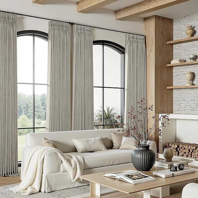 Taupe Linen Curtains 108 Inch Length 2 Panels Set Semi Sheer Light Filtering Privacy Window Drapes for Living Room Dark Flax Viral Pinch Pleated Curtains 108 Inches with Hooks Rings Burlywood Birch