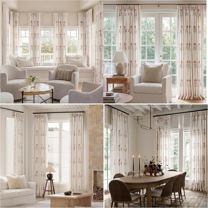 Pinch Pleated Nursery Curtains Luxury Pink Sheer Floral Curtains for Girls Room Bedroom Living Room - 108 Inch Length Modern Farmhouse Floral Printed Drapes with Hooks - 2 Panels Set