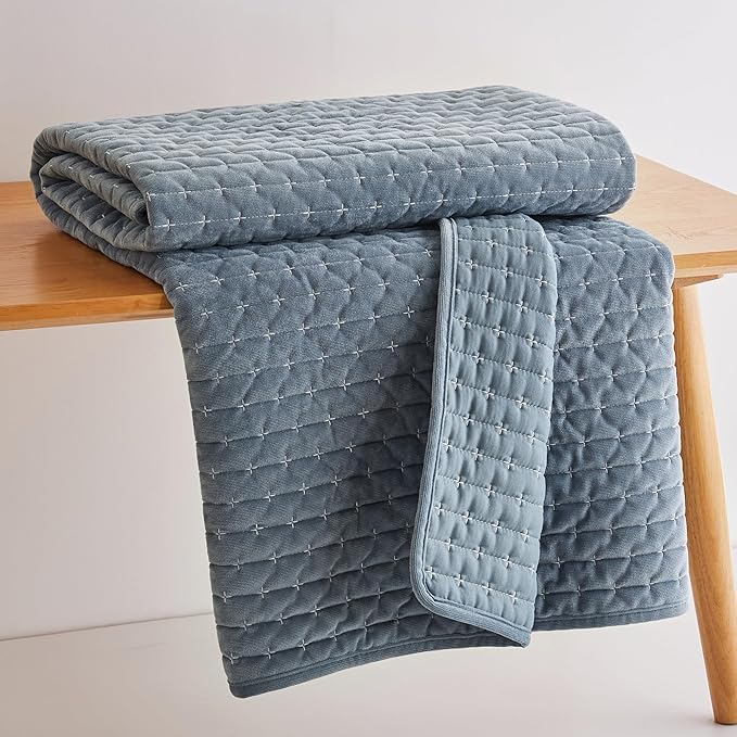 Levtex Home - Velvet Stitch - Throw - Cross Stitch Velvet - Chambray with White - Quilt (50x60in.) and Sham 50x60in. - Polyester
