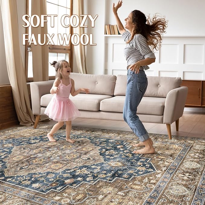 6x8 Area Rug Living Room: Washable Boho Large Neutral Vintage Soft Rugs Stain Resistant Farmhouse Non-Slip Indoor Floor Carpet for Bedroom Nursery Kids Office Dining Room Playroom- Yellow Blue