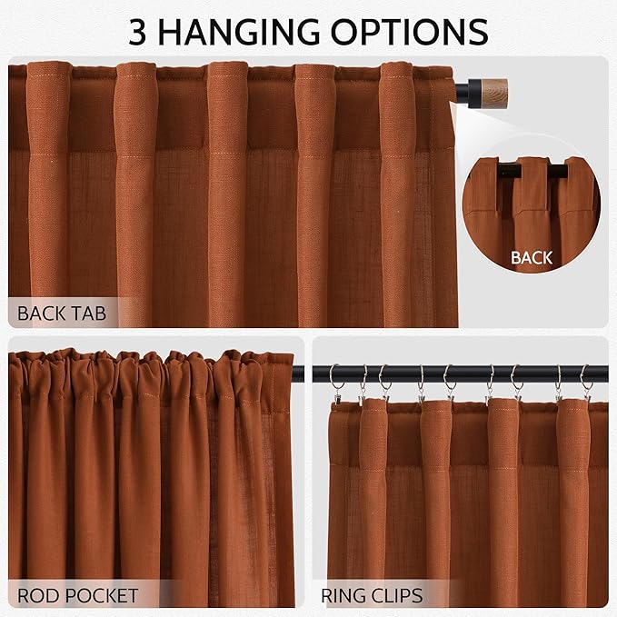 Nanspring Rust Linen Curtains 96 Inches Long for Living Room Light Filtering Semi Sheer Curtain Back Tab Rod Pocket Vintage Rustic Luxury Home Decor Drapes for Bedroom Office 52x96, 2 Panels