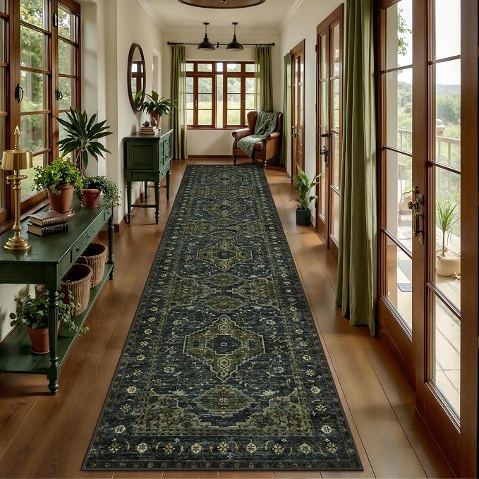 Tangsoo Oriental 2.6x12 Washable Hallway Runner Rug, Non Slip Vintage Long Runner Rug for Hallways, Soft Low Pile Rug Runner, Boho Print Carpet Runners for Kitchen Bedroom Entryway Living Room Green