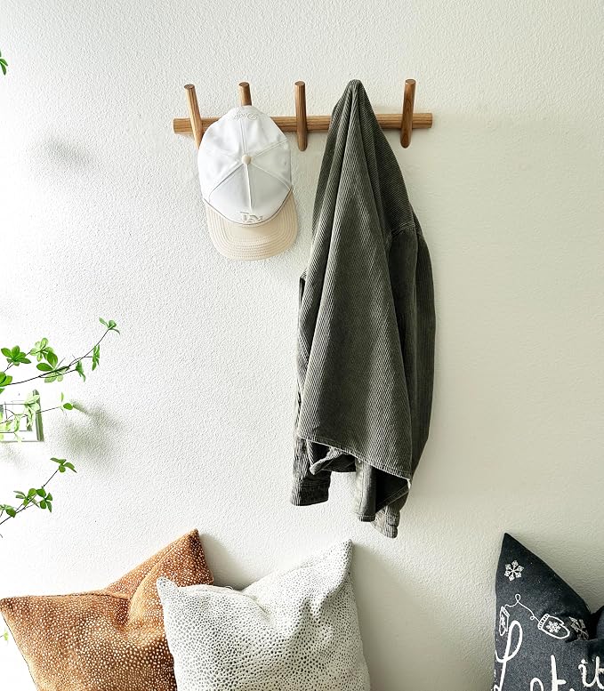 Modern 5-Hook Wooden Coat Rack, Decorative Coat Rack wall Mount for Bags, Hats, Purse, Heavy Duty, Sturdy (Ash White)