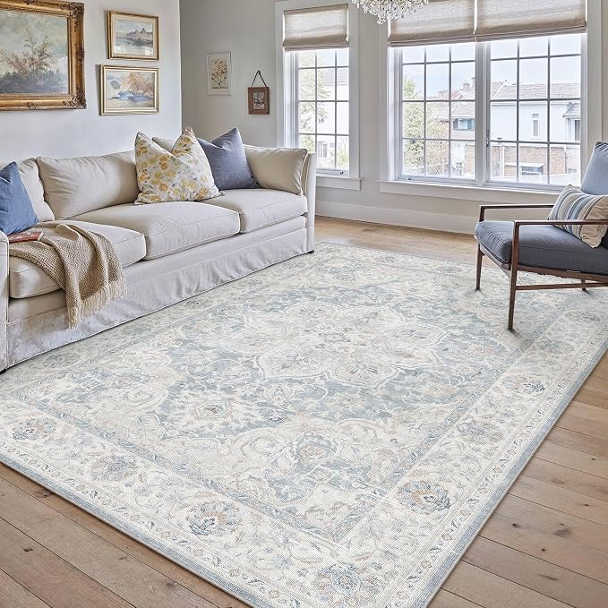HUGEAR 5x7 Washable Area Rugs for Living Room Bedroom Blue Vintage Large Soft Carpet Rug Non-Shedding & Non-Slip Low Pile Indoor Home Decor Dining Room Kitchen Office Floor Mat