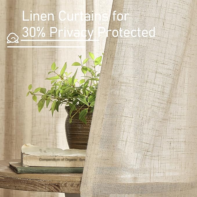 LAMIT Brown Linen Curtains 45 Inches Long 2 Panels, Light Filtering Panels Back Tab and Rod Pocket Neutral Drapes for Kitchen/Window/Bedroom, 52 x 45 Inch