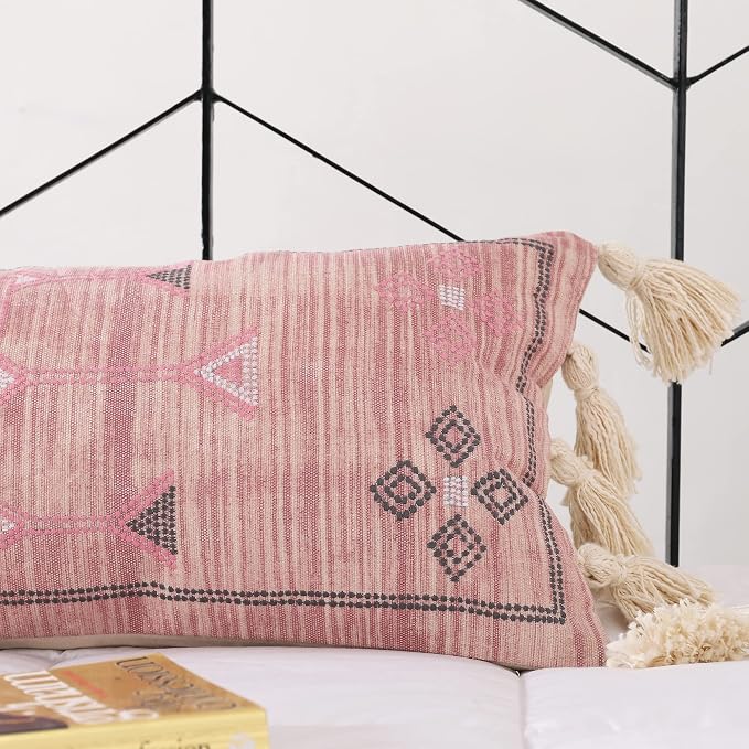 Extra Long Lumbar Pillow Cover (12 X 28 inches) | Hand-Woven Cactus Silk Pink Pillow Linen Cover | Rustic Décor Bohemian Cushion Cover | Farmhouse Cotton Pillow Case | Decorative Throw Pillow Dress