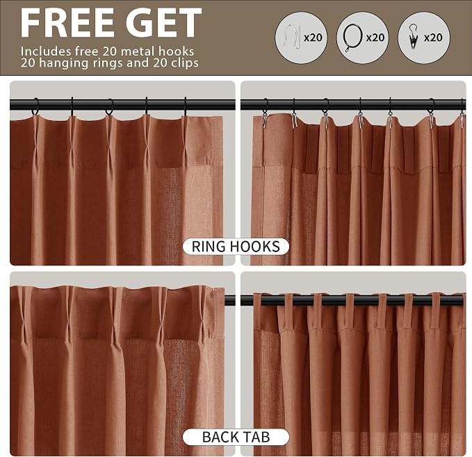 Guken Terracotta Pinch Pleated Linen Curtains 108 Inch Length 2 Panels for Living Room Bedroom Boho Farmhouse Country Privacy Light Filtering Semi Sheer Back Tab Drapes with Hooks for Nursery 40x108