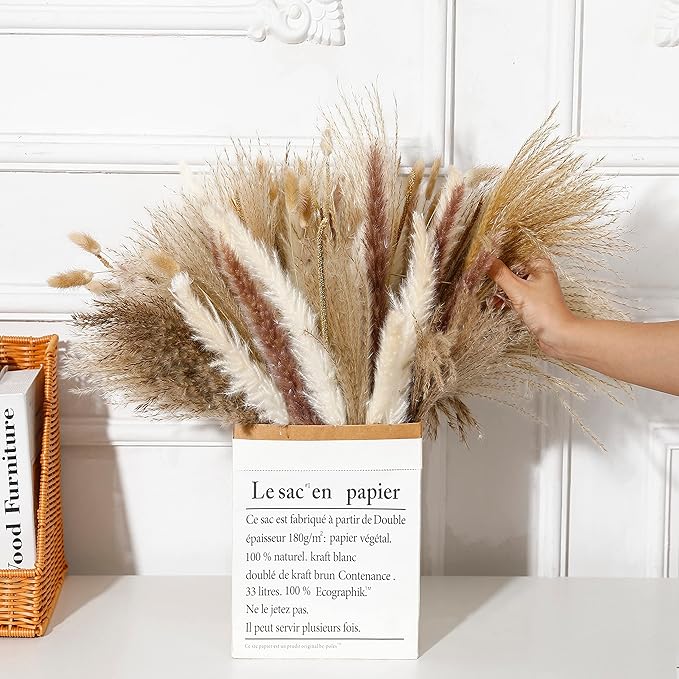 Wertuirk 135Pcs Dried Pampas Grass Decor, Boho Home Decor, Mini Bunny Tails Dried Flowers, Fluffy Pompous Grass Bouquet Bulk for Wedding, Table, Rustic Party, Baby Shower Decorations