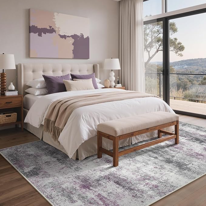 BEIMO Area Rugs 6x9 for Living Room Bedroom, Modern Abstract Machine Washable Rug, Large Soft Low Pile Floor Carpet with Non Slip Backing for Dining Room, Grey/Purple
