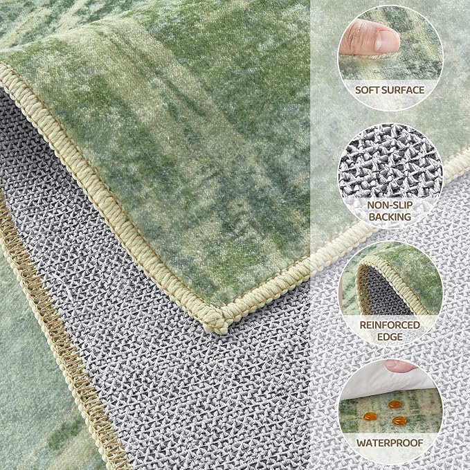 UERMEI 6x9 Washable Area Rug for Living Room: Modern Neutral Abstract Soft Low Pile Carpet Non-Slip Pet Kids Friendly Indoor Decor for Bedroom Dining Room Home Office Nursery Green