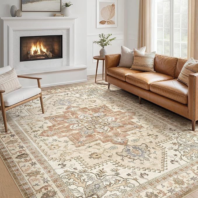 Tortania Area Rug Living Room Rugs - 6x9 Washable Boho Rug Vintage Oriental Distressed Farmhouse Large Thin Indoor Carpet for Living Room Bedroom Under Dining Table Home Office - Rust/Cream