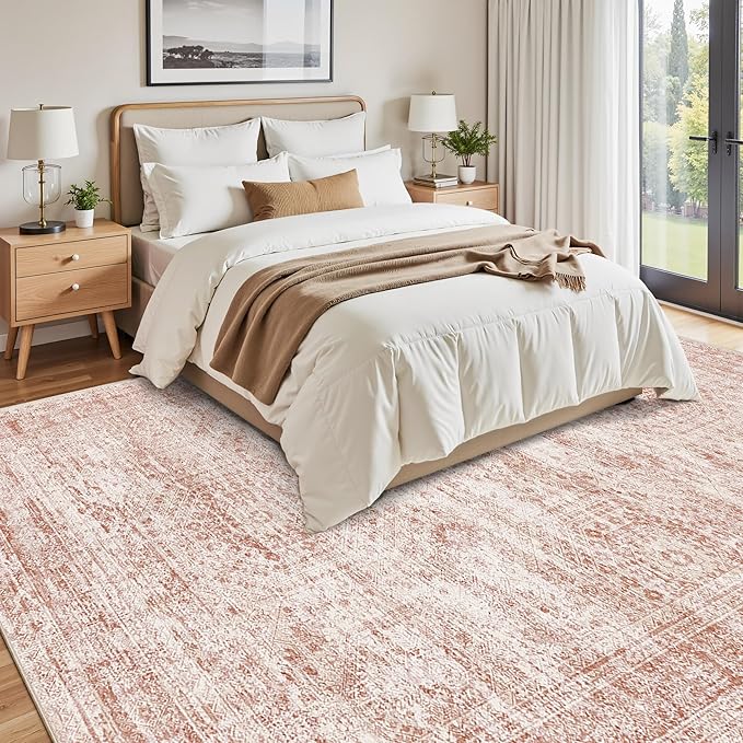 Soalmost Washable Area Rug 8x10, Large Soft Rugs for Living Room Vintage Area Rugs for Bedroom Dining Room Non-Slip Stain Resistant Pink Under Table Rug