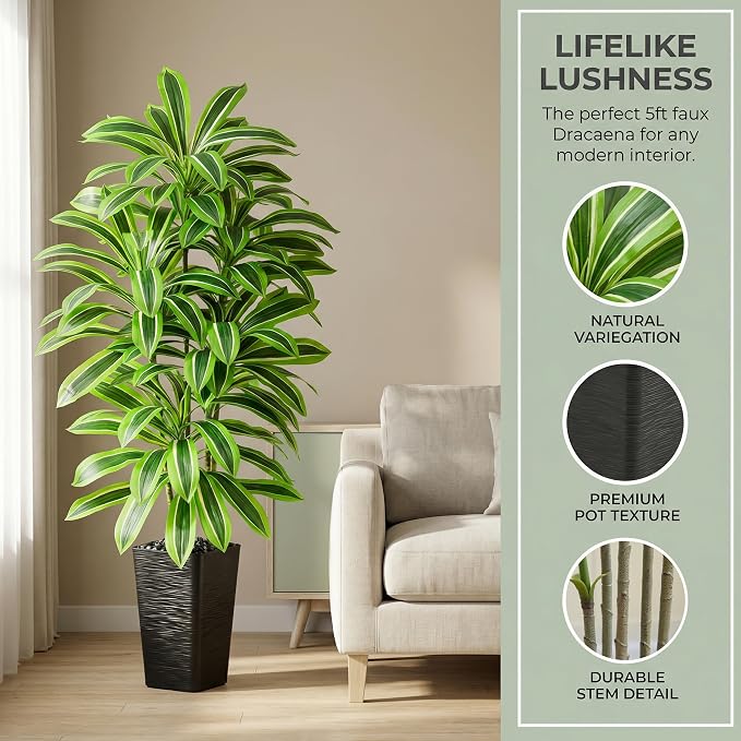 Artificial Dracaena Tree：5FT Faux Silk Tropical Yucca Floor Trees Realistic Fake Green Plant with Natural Wood Trunk & Lifelike Leaves for Home Office Decor Indoor & Outdoor (5FT,1-Pack,Black)