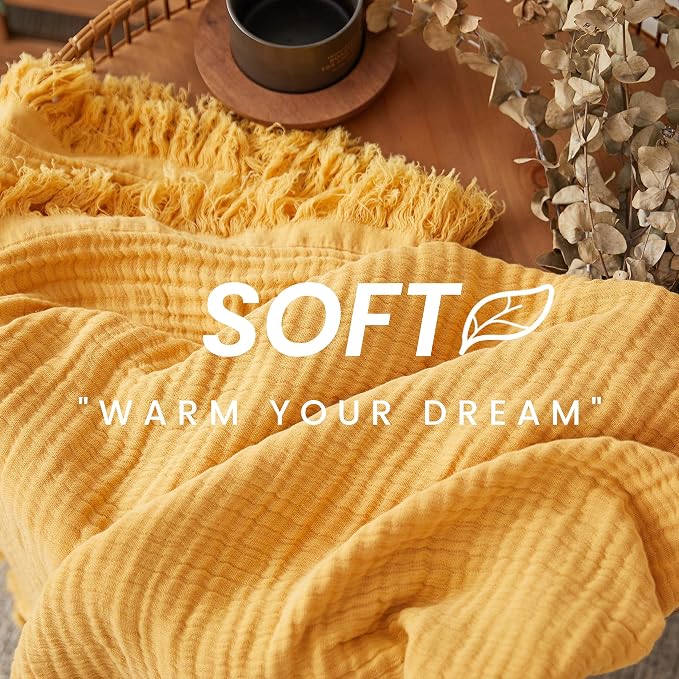FALUCA Cotton Muslin Throw Blanket 50x60 Inches for Bed, Couch, Knit Woven Gauze Blanket, Soft Lightweight Cozy Breathable Farmhouse Decoration for All-Season, Mustard Yellow