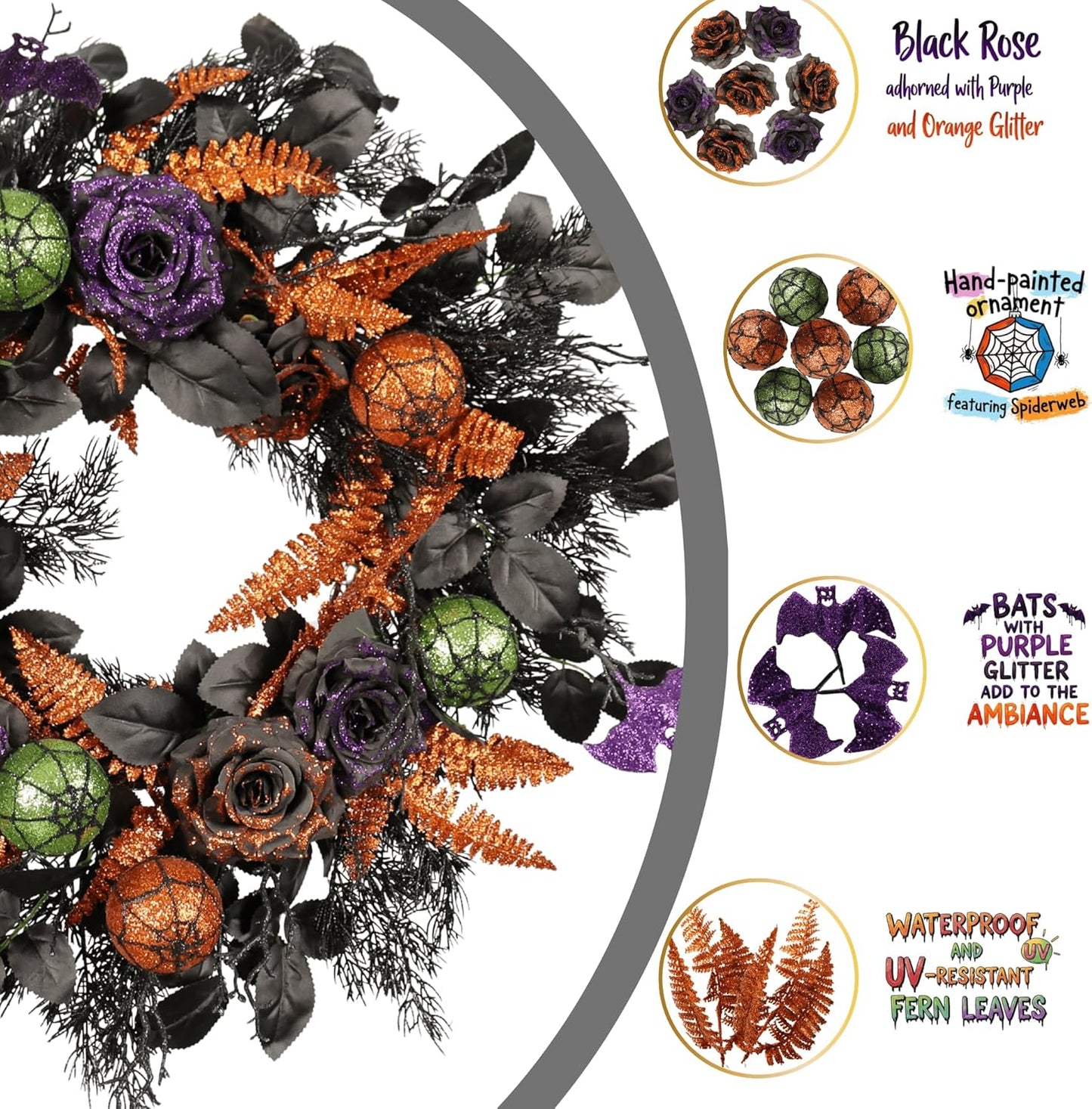 22 Inch Halloween Wreath for Front Door, Spooky Black & Purple Glitter Rose Wreath with Bats & Ornaments, Outdoor Halloween Decorations