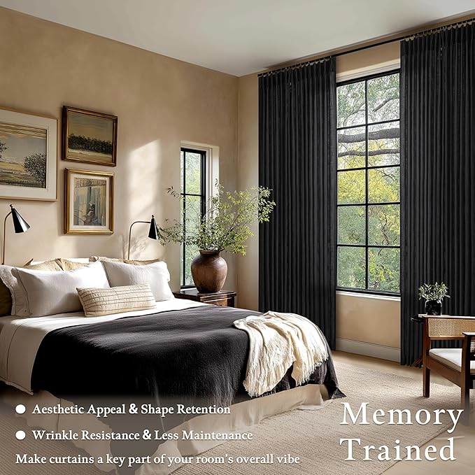 Black Linen 86 Inches Long Curtains 2 Panels Set Pinch Pleated Thick Textured Linen Drapes for Living Room Bedroom Pinch Pleat Back Tab Light Filtering Boho Farmhouse Window Curtains 86 Inch Length