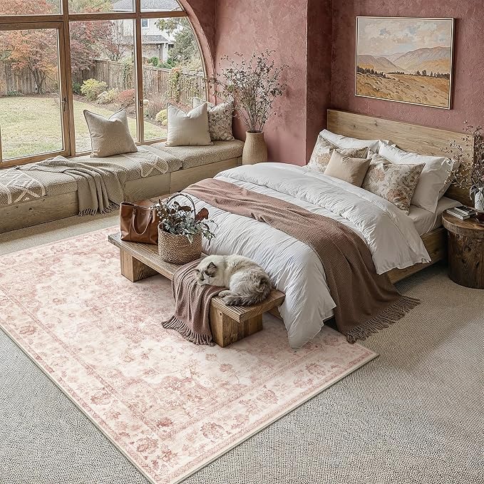 5x7 Washable Neutral Area Rug Pink Vintage Living Room Bedroom Carpet Non-Slip Soft Low Pile Farmhouse Indoor Throw Rug for Dining Room Entryway Office