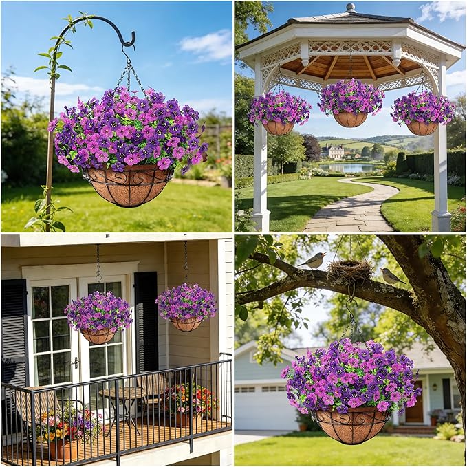 Artificial Fake Hanging Flowers Plants Basket Outdoors, Faux Silk UV Resistant Look Real Daisy Eucalyptus for Spring Summer Garden Porch Home Patio Balcony Yard Decorations, Double Purple