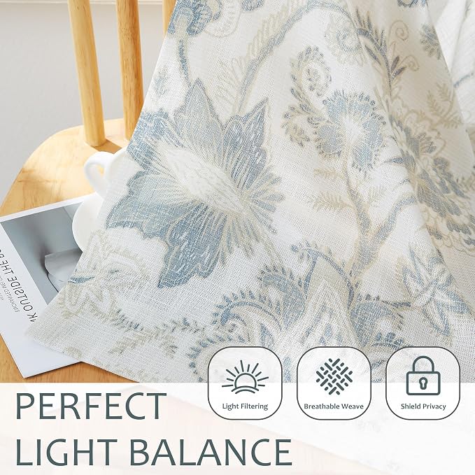 Kayne Studio Pinch Pleated Jacobean Floral Light Filtering Window Curtains Boho Botanical Leaf Printed Vintage Farmhouse Blue Grey Back Tab Window Treatment Set Living Room Bedroom,40"x84",2 Panels