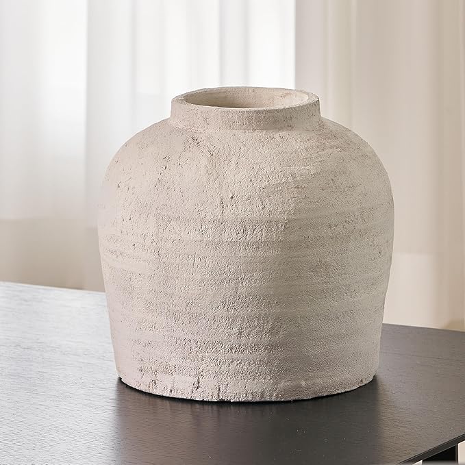 LB2 White Ceramic Large Vase, 11" Tall Zen Style, Terra Cotta Pitcher, Distressed Farmhouse Decor, Pottery Decorative Flower for Home Decor (B - White 11")