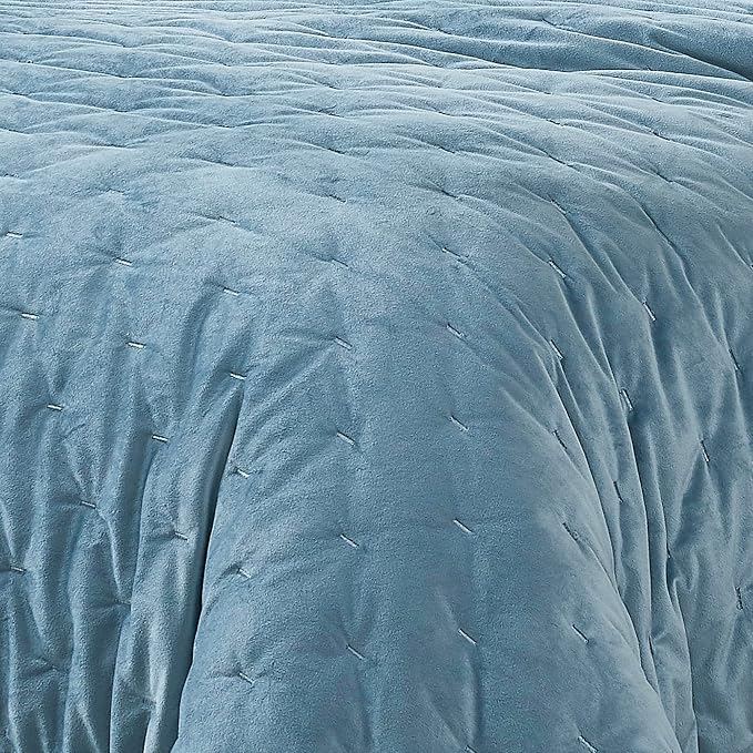 Lush Decor - Quilt Set, 3-Piece Cozy Velvet Bedding with Matching Shams, Embroidered Stitch Design (Haven Blue, King/California King)