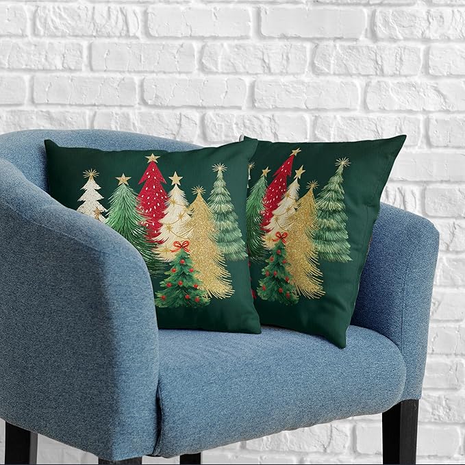 Christmas Pillow Covers 22x22 Set of 2 Colorful Xmas Tree Throw Pillow Covers Green Winter Holiday Decorative Pillowcase Double Sided Printing Cushion Case for Home Decor Sofa Couch