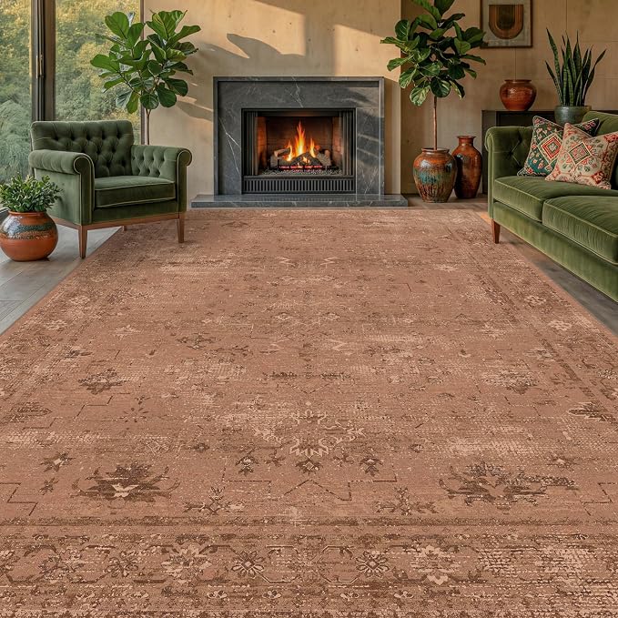 TALANOVA Terracotta 8x10 Washable Area Rugs for Living Room, Non-Slip Low Pile Rust Vintage Distressed Geometric Rug, Southwestern Boho Decor for Bedroom & Dining Room