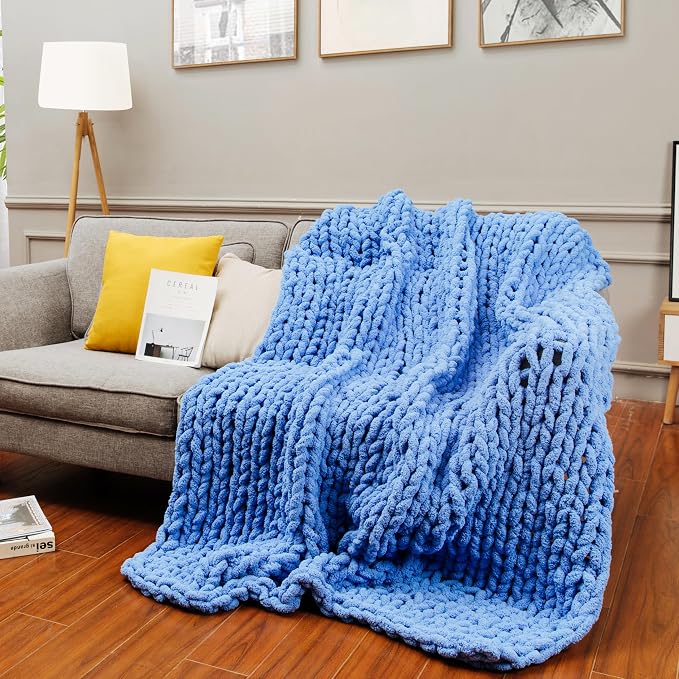 clootess Chunky Knit Blanket Chenille Throw - Warm Soft Cozy for Sofa Bed Boho Home Decor (Blue 40x60 in)