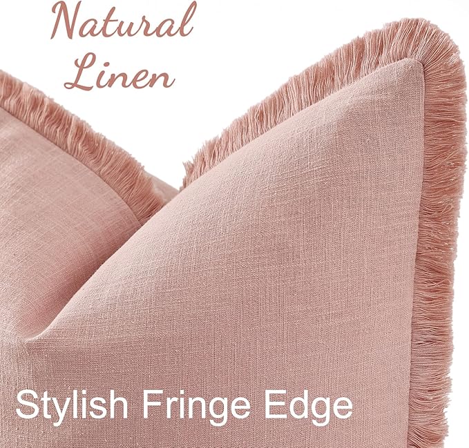 decorUhome Summer Decorative Neutral Linen Fringe Throw Pillow Covers Set of 2 Pink Pillow Covers with Tassels Soft Farmhouse Boho Accent Pillow Cases for Couch Bed Sofa 18x18 Inch